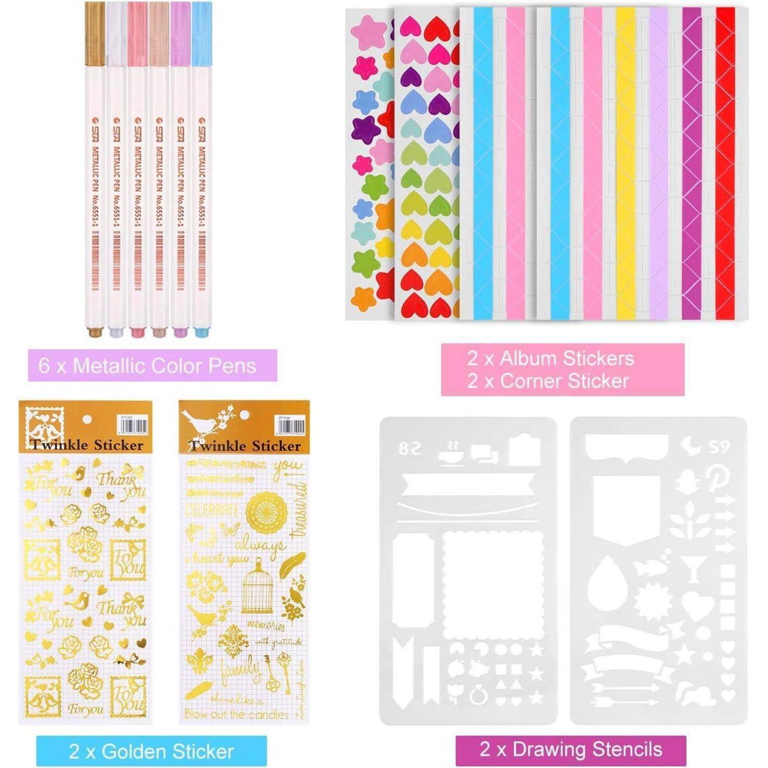 Inhalt des Bastelsets: 6 metallic Stifte, verschiedenfarbige Album- und Eckensticker, 2 goldene Stickerbogen, 2 Zeichenschablonen.