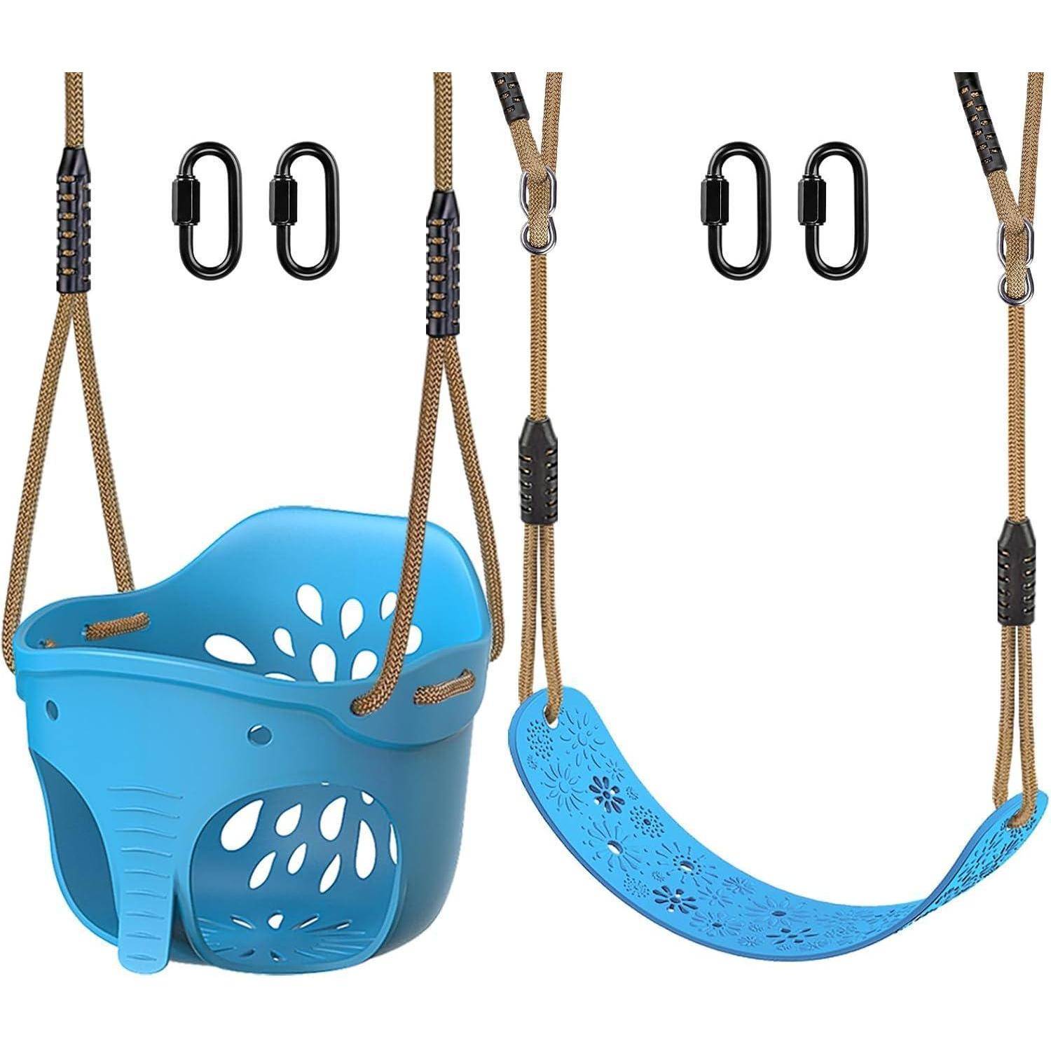 Blaues Kleinkinder-Schaukelset mit Rückenlehne und Sicherheitsgurten, neben einer flexiblen blauen Sitzschaukel. Enthält zwei Kletterseile und Karabiner.