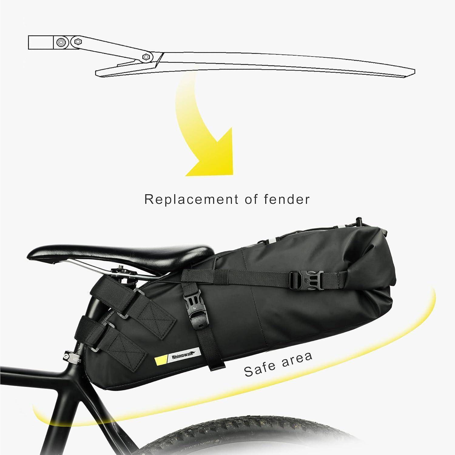 Ein Fahrrad mit einer Tasche, die am Heck angebracht ist, wobei ein gelber Pfeil von einem nicht angebrachten Schutzblech von oben zeigt und 