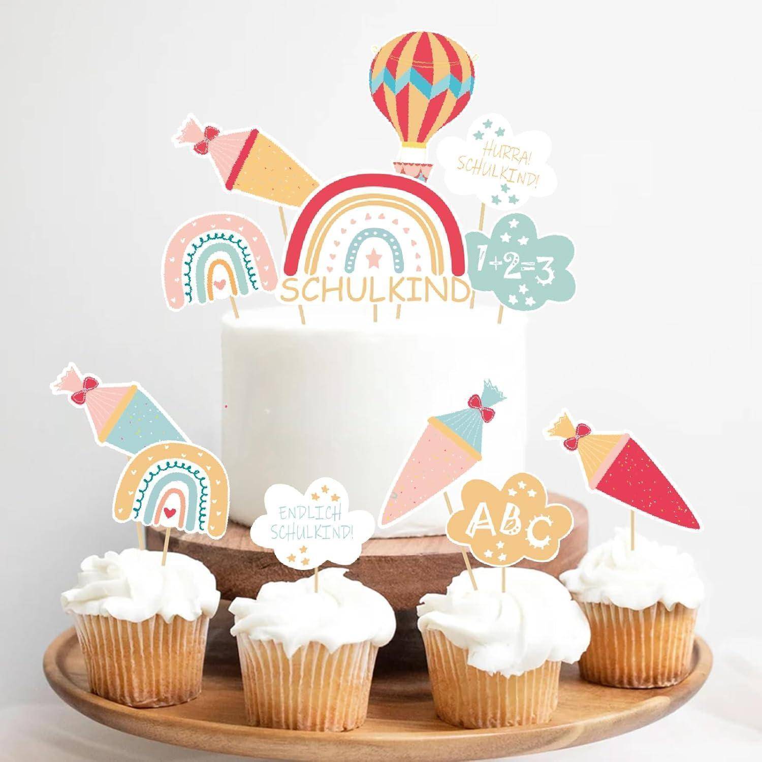 Tortendeko Einschulung 12teilig Regenbogen Cupcake Toppers Rosa