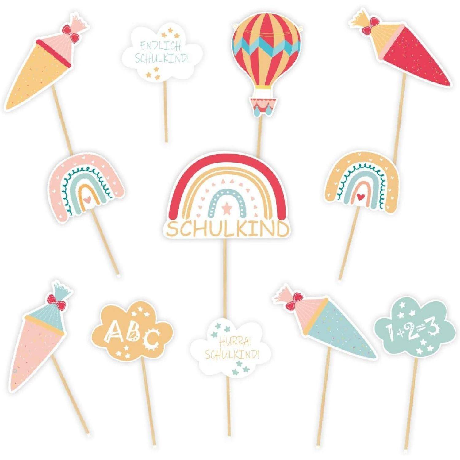 Tortendeko Einschulung 12teilig Regenbogen Cupcake Toppers Rosa