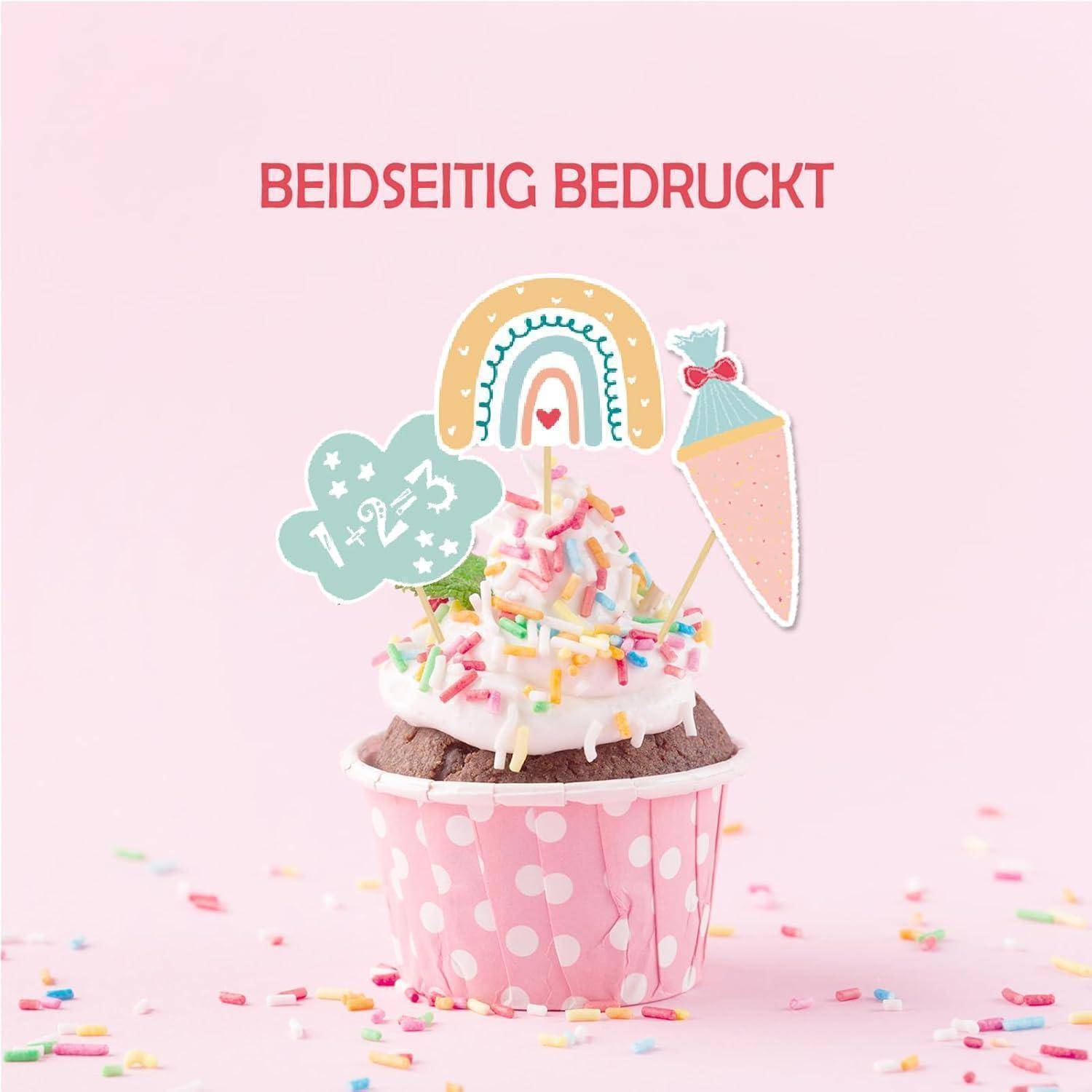 Tortendeko Einschulung 12teilig Regenbogen Cupcake Toppers Rosa