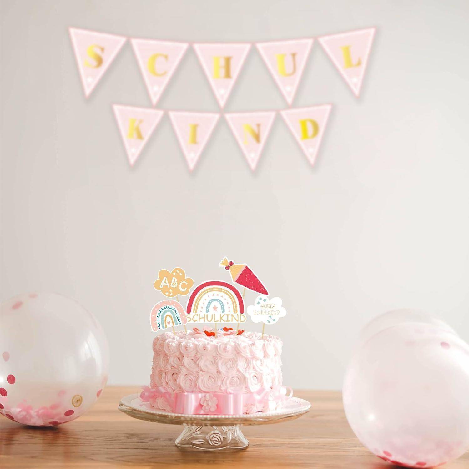 Tortendeko Einschulung 12teilig Regenbogen Cupcake Toppers Rosa
