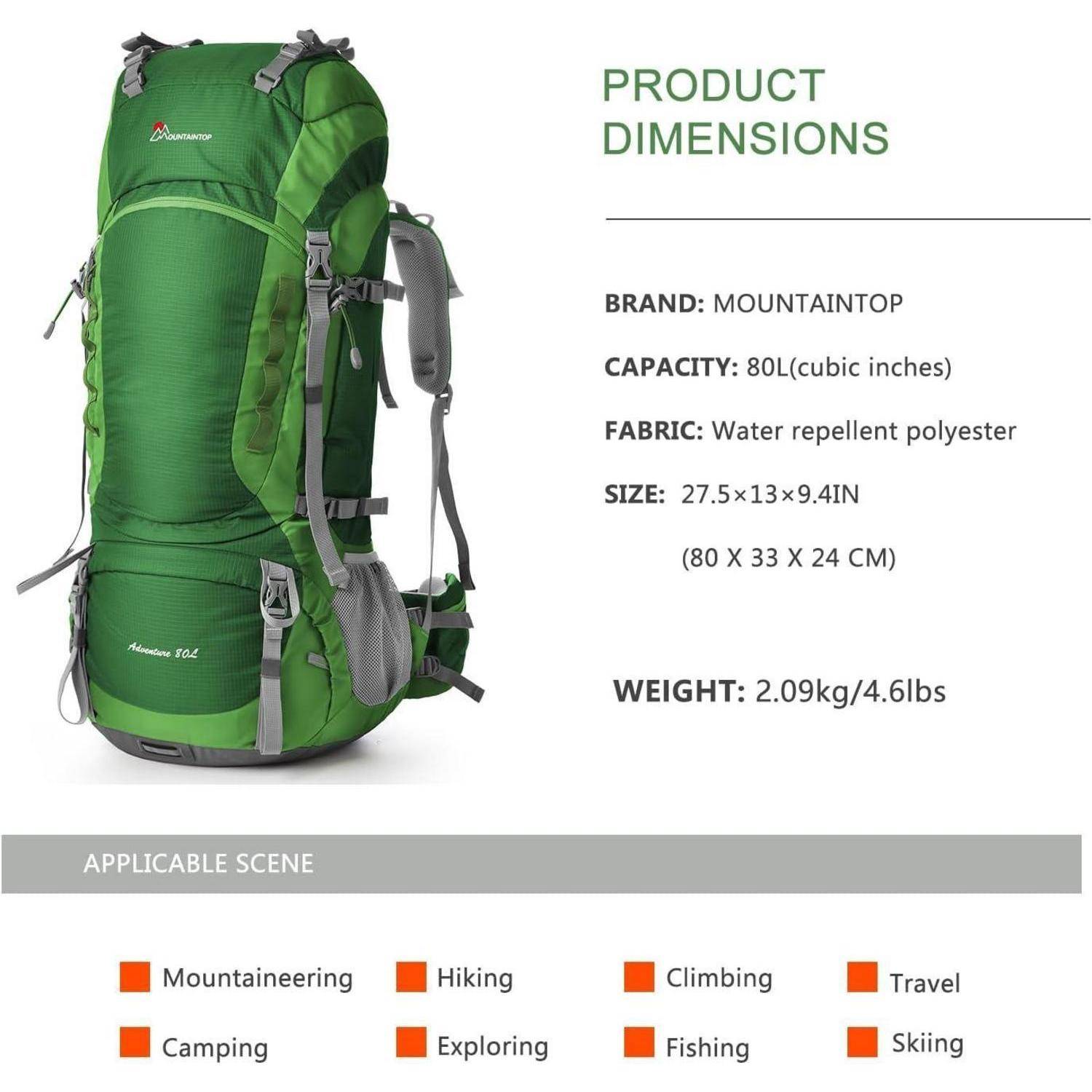 Grüner Wanderrucksack mit grauen Akzenten. Produktdetails: Marke ist Mountaintop, Kapazität beträgt 80 Liter, wasserabweisendes Polyester. Größe: 70x33x24 cm. Gewicht: 2,1 kg. Geeignet für Outdoor-Aktivitäten.