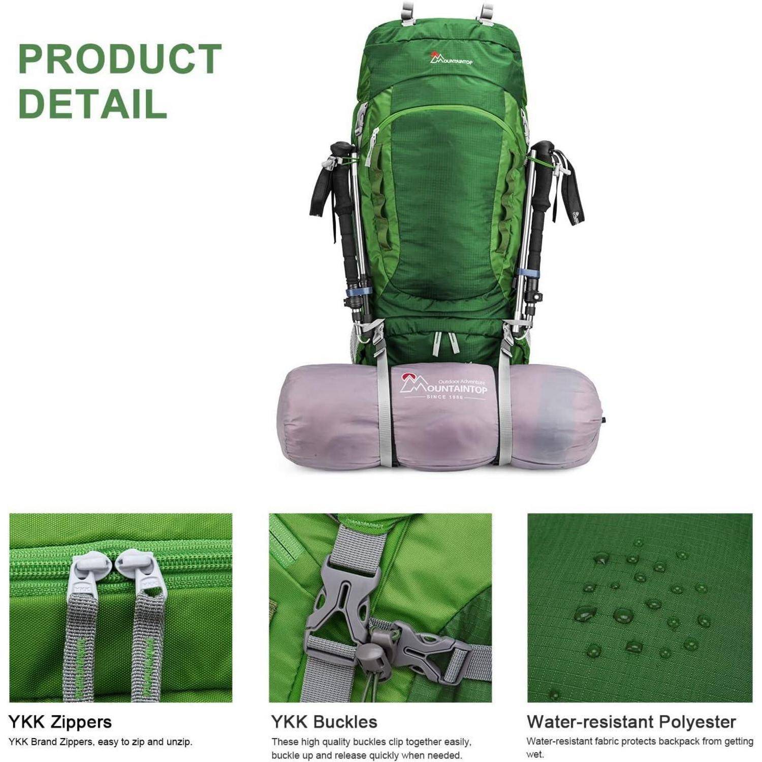 PRODUKTDETAILS Grüner Rucksack mit YKK-Reißverschlüssen, YKK-Schnallen für sichere Verschließung, hergestellt aus wasserabweisendem Polyester. Angehängter Schlafsack.