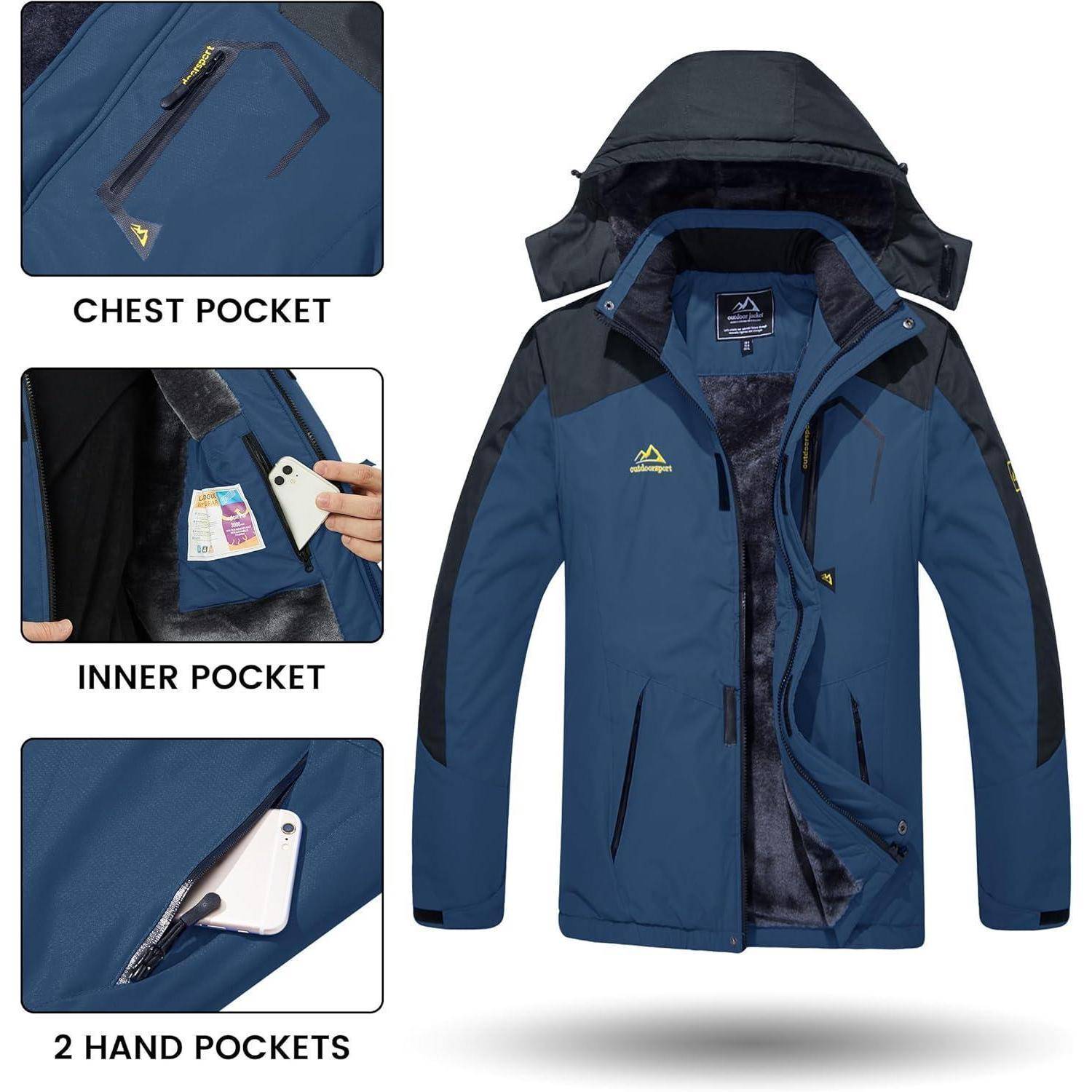 Winterjacke Herren Wasserdichte Winddichte Fleece Kapuze S Denim Blau
