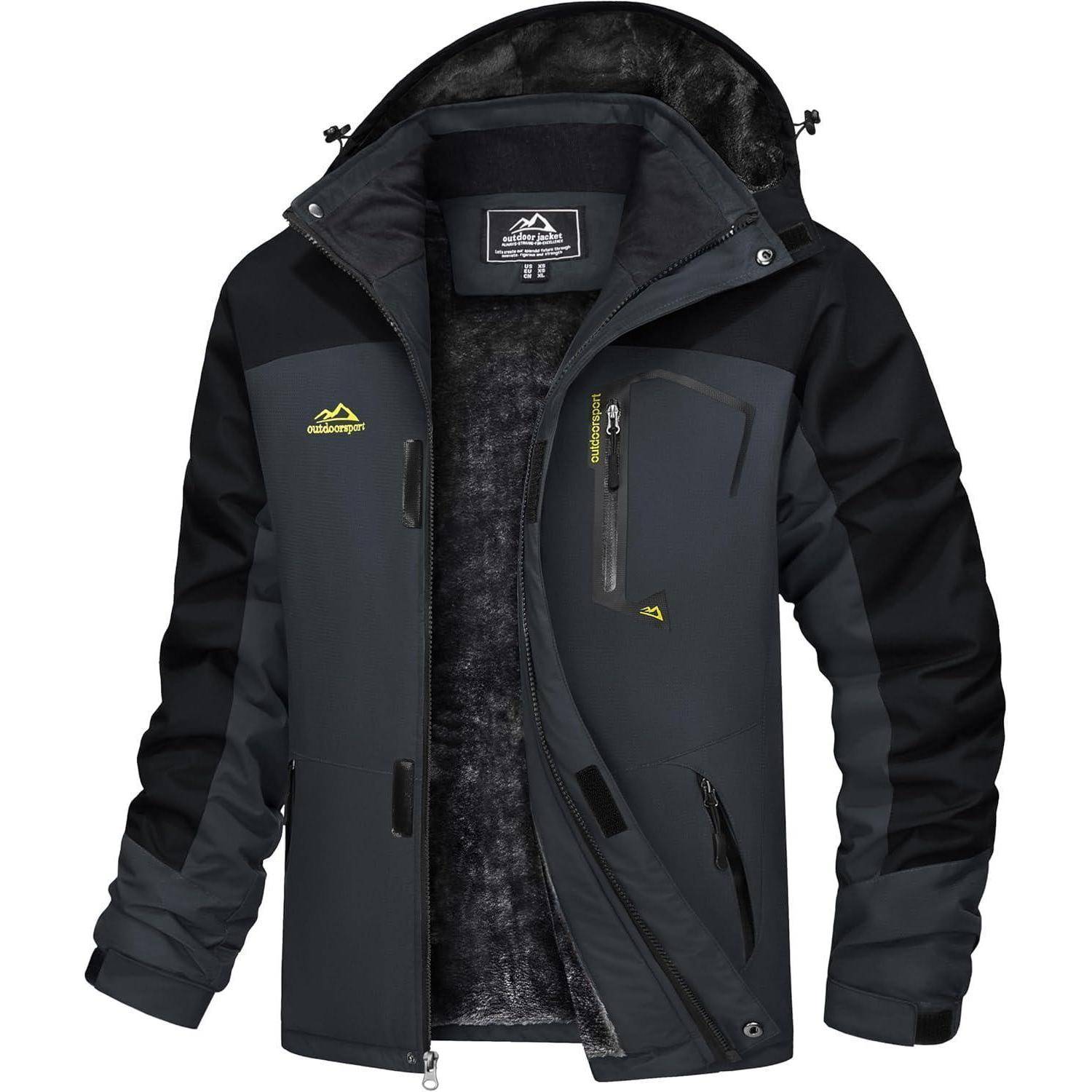 Eine schwarze und dunkelgraue wasserdichte Winterjacke mit Kapuze, ausgestattet mit mehreren Reißverschlusstaschen. Konzipiert für Outdoor-Aktivitäten.