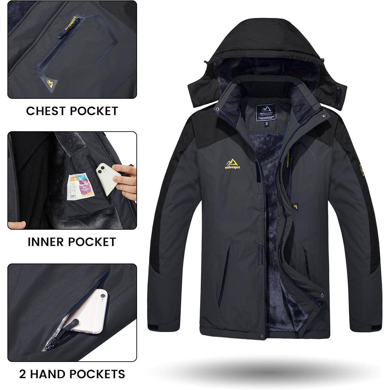 Schwarze wasserdichte Jacke mit Kapuze, aufgeklappt, mit Blick auf das Fleece-Futter. Einschübe zeigen Brust-, Innen- und Handtaschen zur Aufbewahrung.