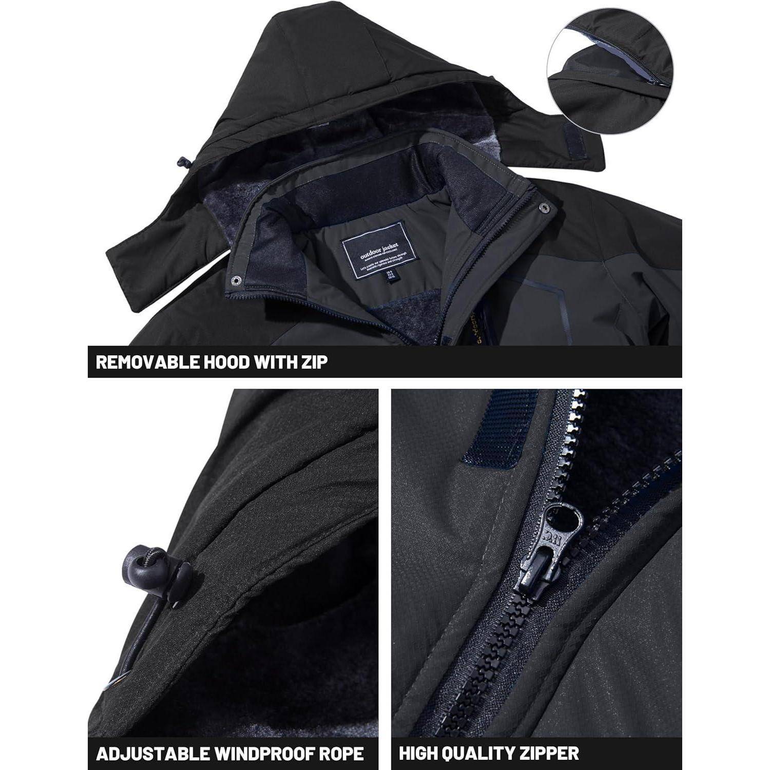 Eine schwarze Jacke mit abnehmbarer Kapuze, verstellbarem winddichtem Seil und hochwertiger Reißverschluss wird gezeigt, wobei ihre Eigenschaften hervorgehoben werden.