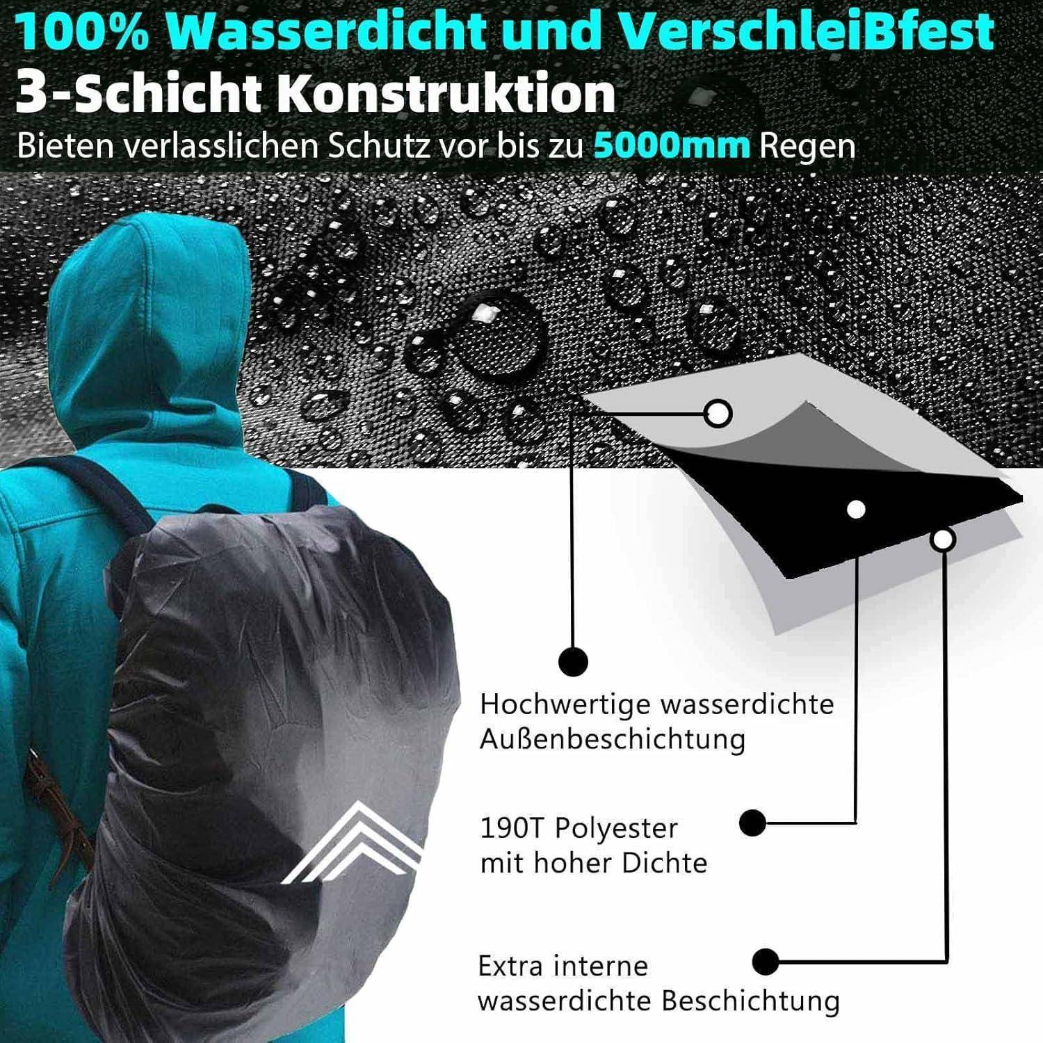 Eine Person in einer blauen Kapuzenjacke trägt einen schwarzen wasserdichten Rucksack unter starkem Regen. Der Text hebt die Wasserdichtigkeit von '5000mm' hervor.