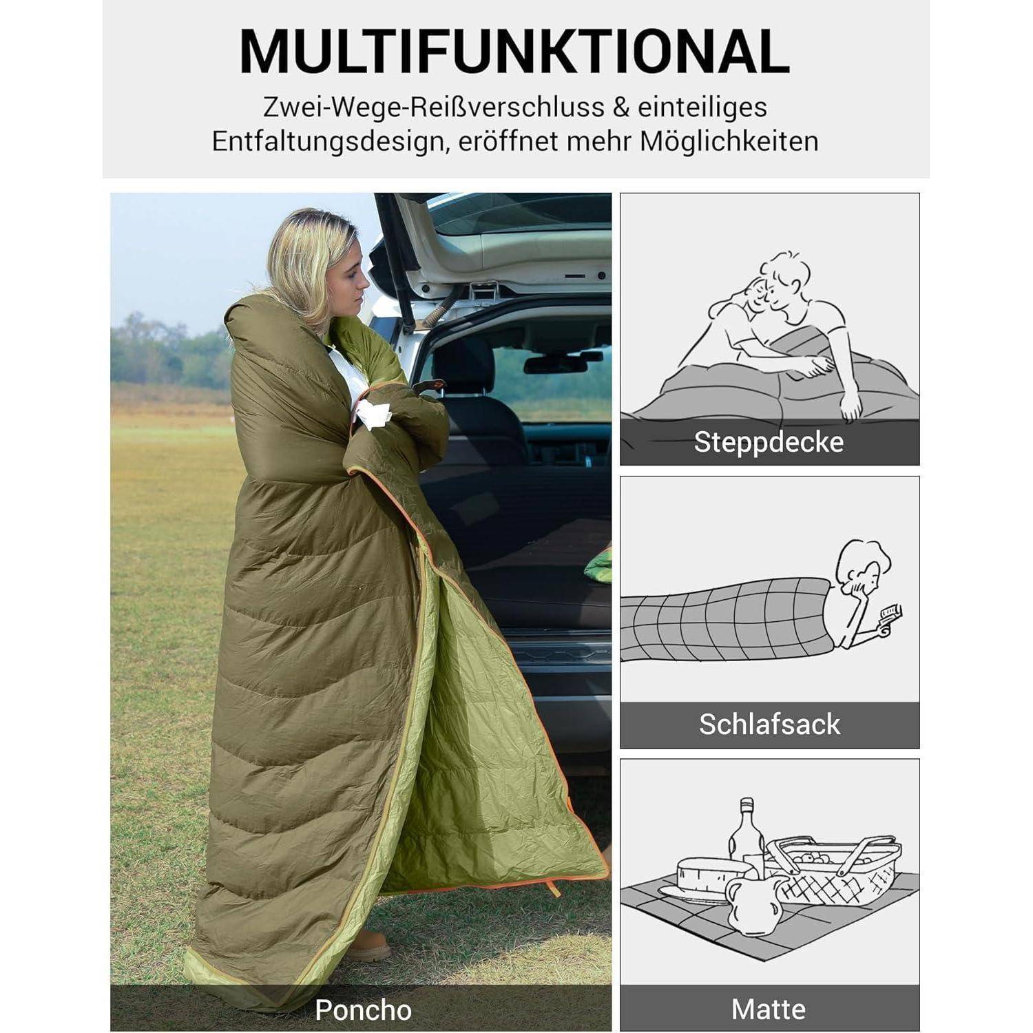 Schlafsack Erwachsene 3in1 XXL Daune & Coldmaster(640g Füllung)