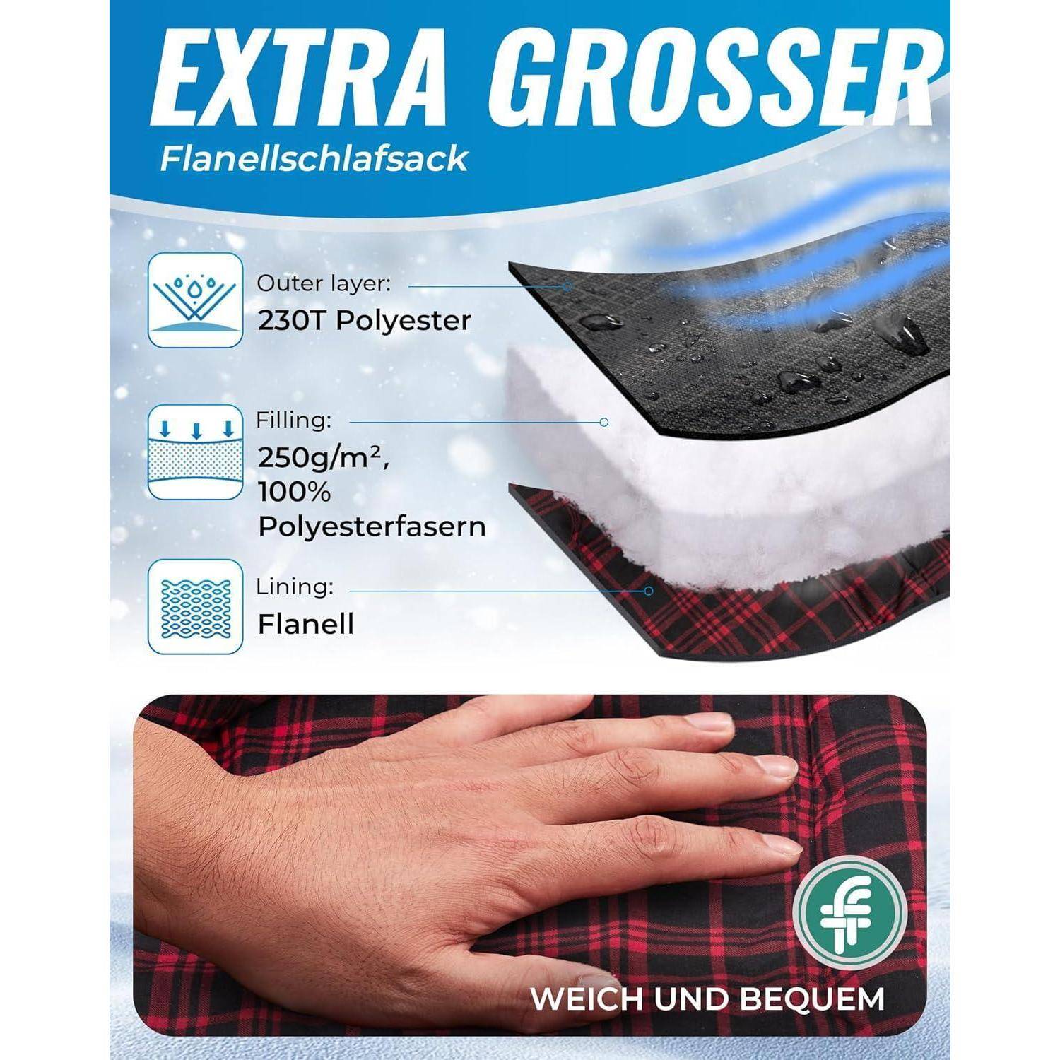 Schlafsack XXL Flanell Baumwolle Übergröße #Klassisch Schwarz