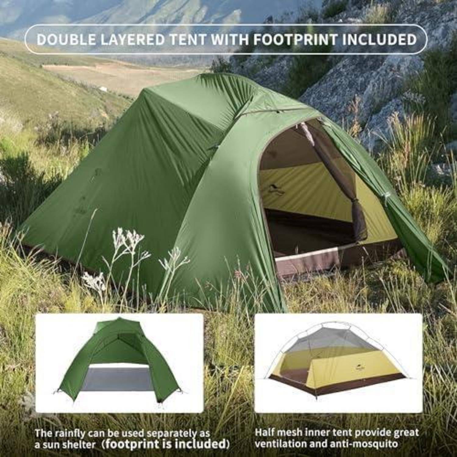 Zelt Ultraleicht 3 Personen Camping Wandern 20D Waldgrün Upgrade