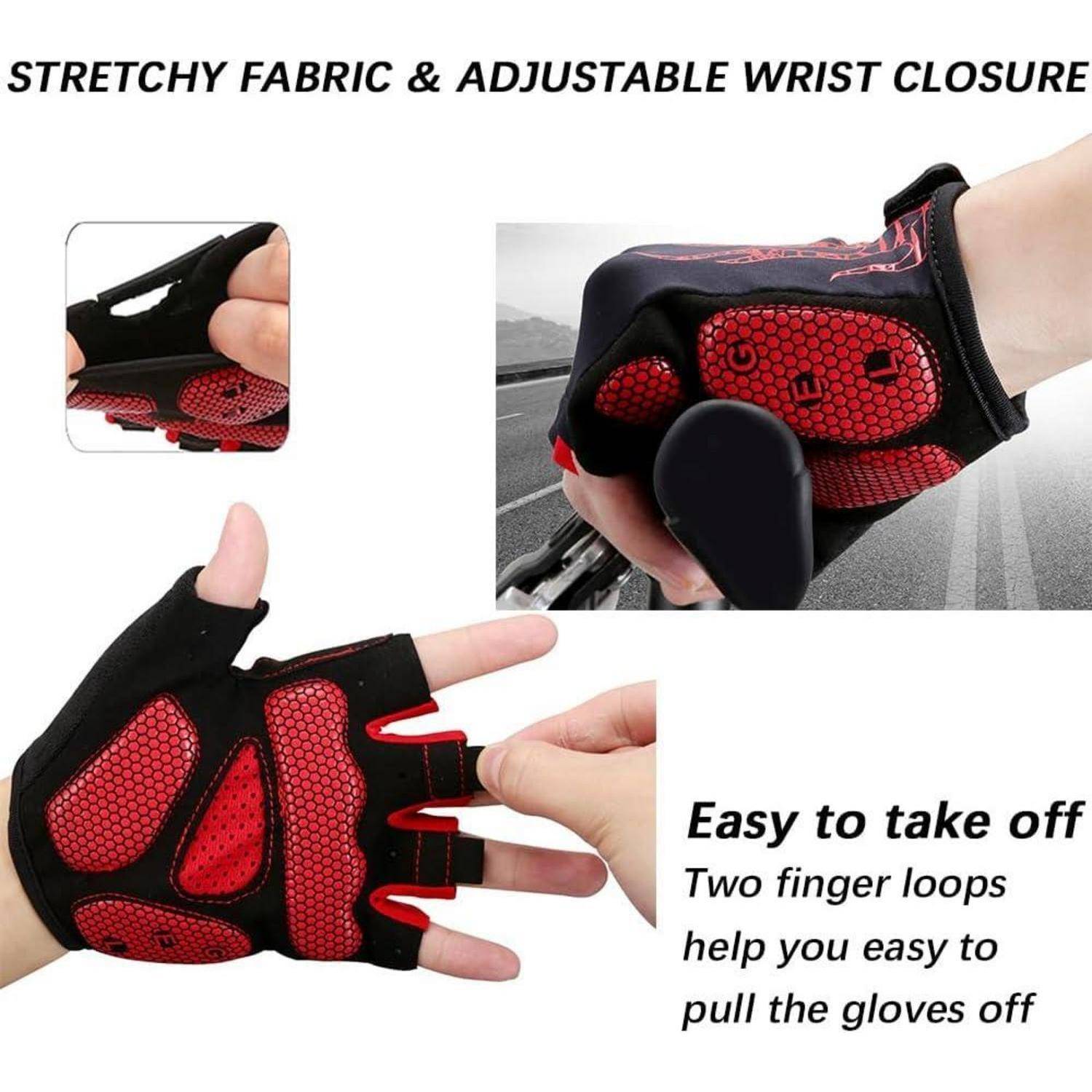Rote und schwarze Fahrrad-Fingerhandschuhe mit atmungsaktivem Gewebe und verstellbarem Handgelenkverschluss. Mit Schlaufen für einfaches Ausziehen.