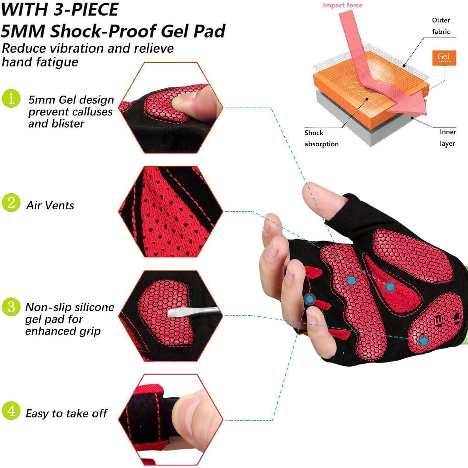 Fahrradhandschuhe mit '5MM stoßdämpfendem Gel-Polster'. Eigenschaften umfassen Gel zur Verhinderung von Schwielen, Belüftungsöffnungen, rutschfeste Silikonoberfläche, einfaches Ausziehen.