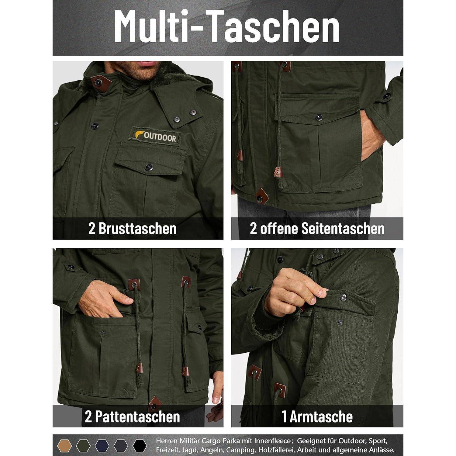 Jacke mit 'Multi-Pocket'-Design mit folgenden Merkmalen: 2 Brusttaschen, 2 offene Seitentaschen, 2 Klappentaschen, 1 Ärmeltasche. Geeignet für Outdoor-Aktivitäten.