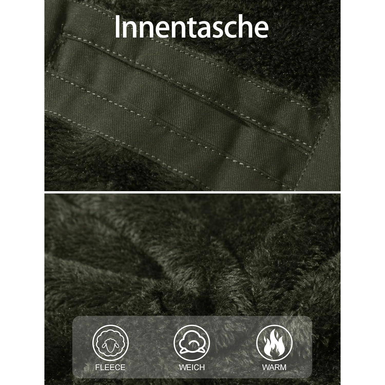 Detailaufnahme der Innentasche eines Stoffes, mit Beschriftung 'Innentasche', die die Fleecestruktur zeigt. Icons darunter deuten darauf hin, dass es sich um Fleece handelt, der weich und warm ist.