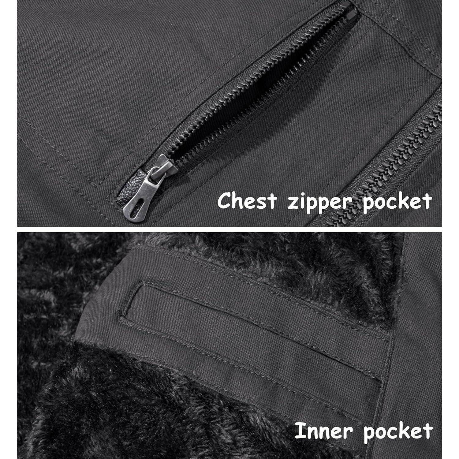 Detailaufnahme einer dunklen Jacke mit einer Brusttasche mit Reißverschluss und einer Innentasche, die verschiedene Verstaumöglichkeiten präsentiert.