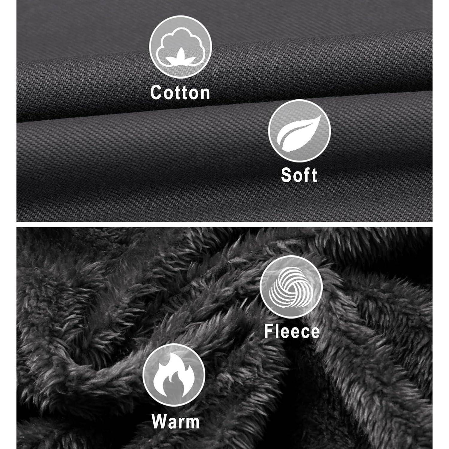 Schwarzer Stoff mit Aufschriften 'Baumwolle' und 'Weich' mit Diagrammen, und grauer Fleece mit Aufschriften 'Fleece' und 'Warm' mit Symbolen zur Komfortanzeige.