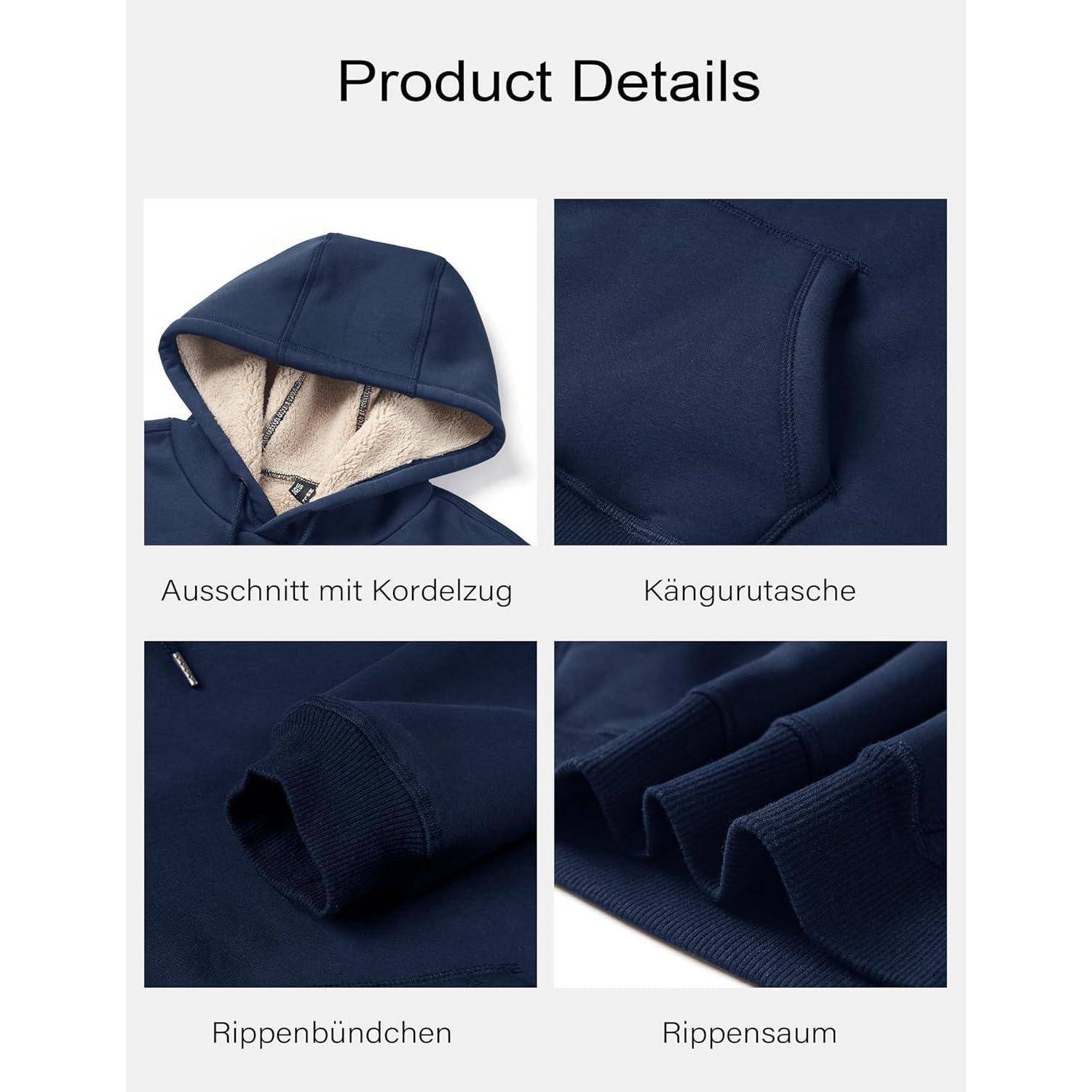 Vier Bilder, die Details eines marineblauen Hoodies mit Kordelzugkapuze, Känguru-Tasche, gerippten Ärmelbündchen und geripptem Saum zeigen.