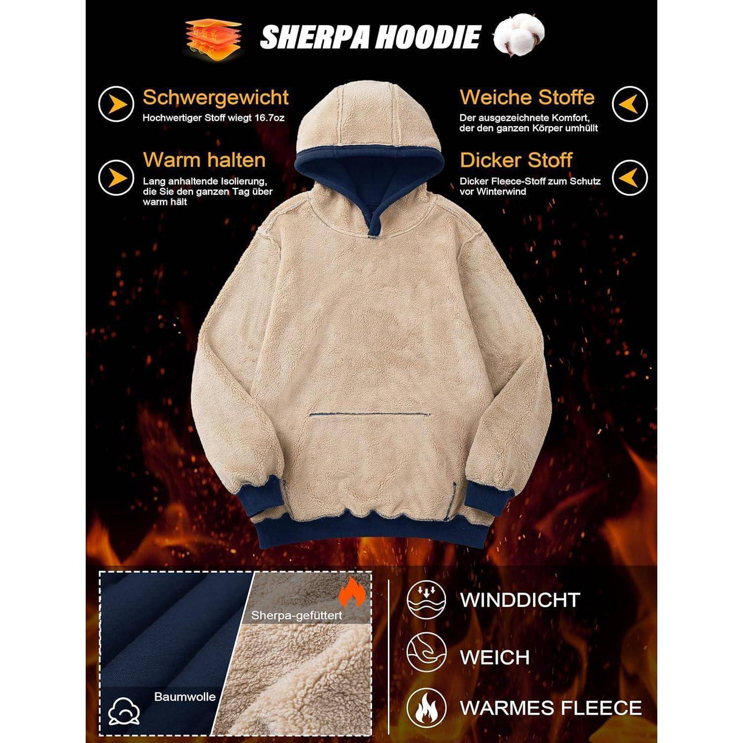 Sherpa Hoodie Werbung zeigt einen beigen Hoodie mit blauem Innenfutter und betont seine robuste Stoffqualität, Wärme und weiches Material.