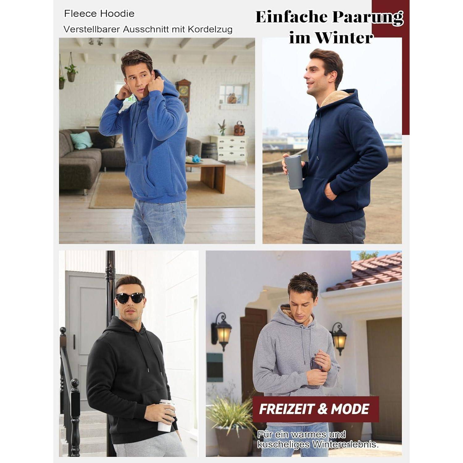 Hoodie Herren Kapuzenpullover gefüttert Sweatshirt Winter M Grau Blau