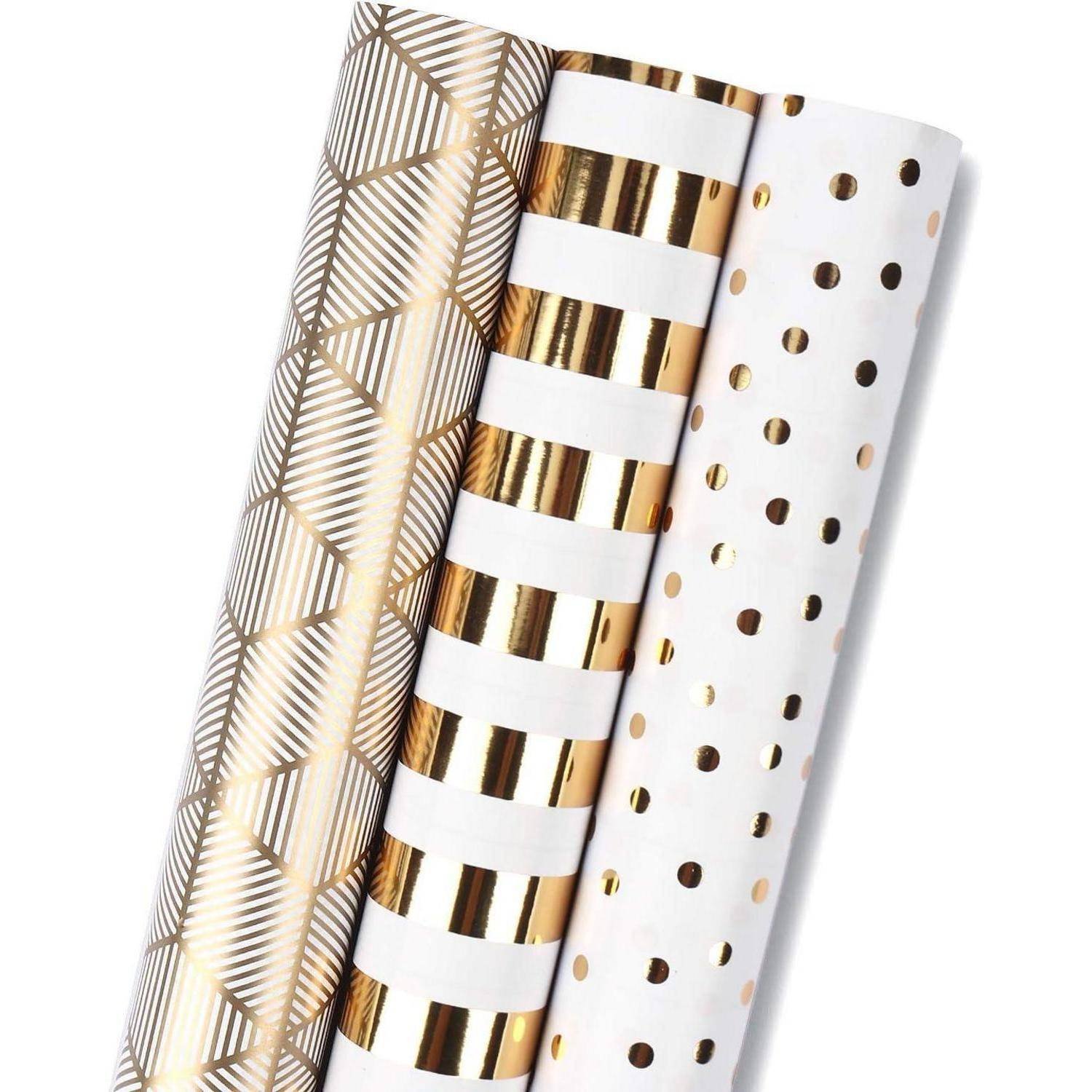 Geschenkpapierrolle Mini 3 Sets 43,2cm x 3,05m Gold und Weiß