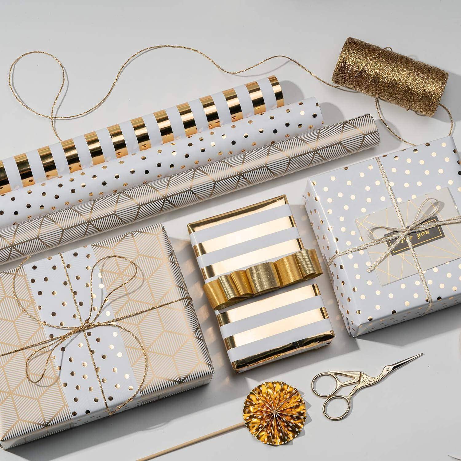 Geschenkpapierrolle Mini 3 Sets 43,2cm x 3,05m Gold und Weiß