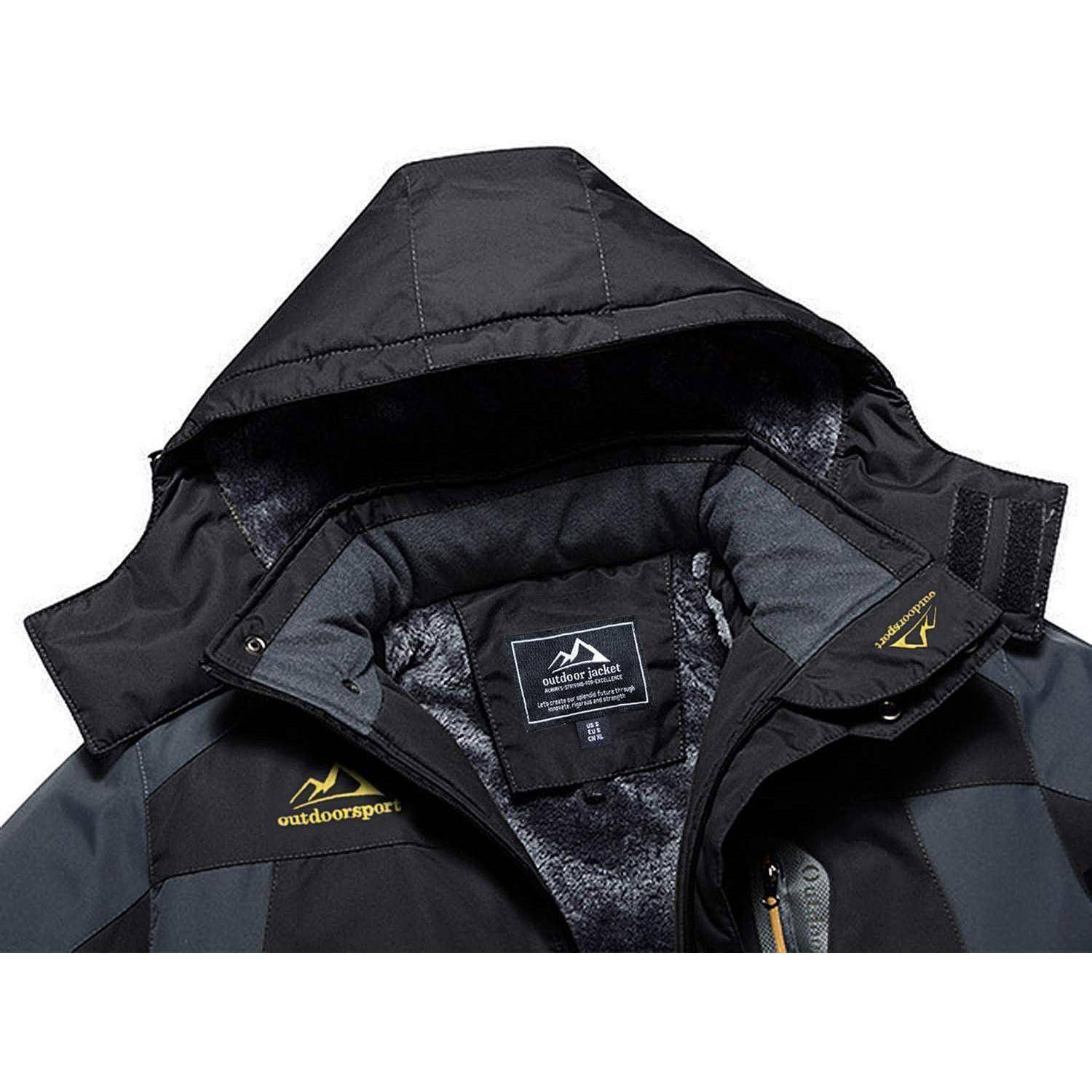 Schwarze und graue Outdoor-Jacke mit einem mit Fleece gefütterten Kapuze und Innenfutter. Die Jacke trägt ein Logo mit dem Text 'outdoor sport', das deutlich sichtbar ist.