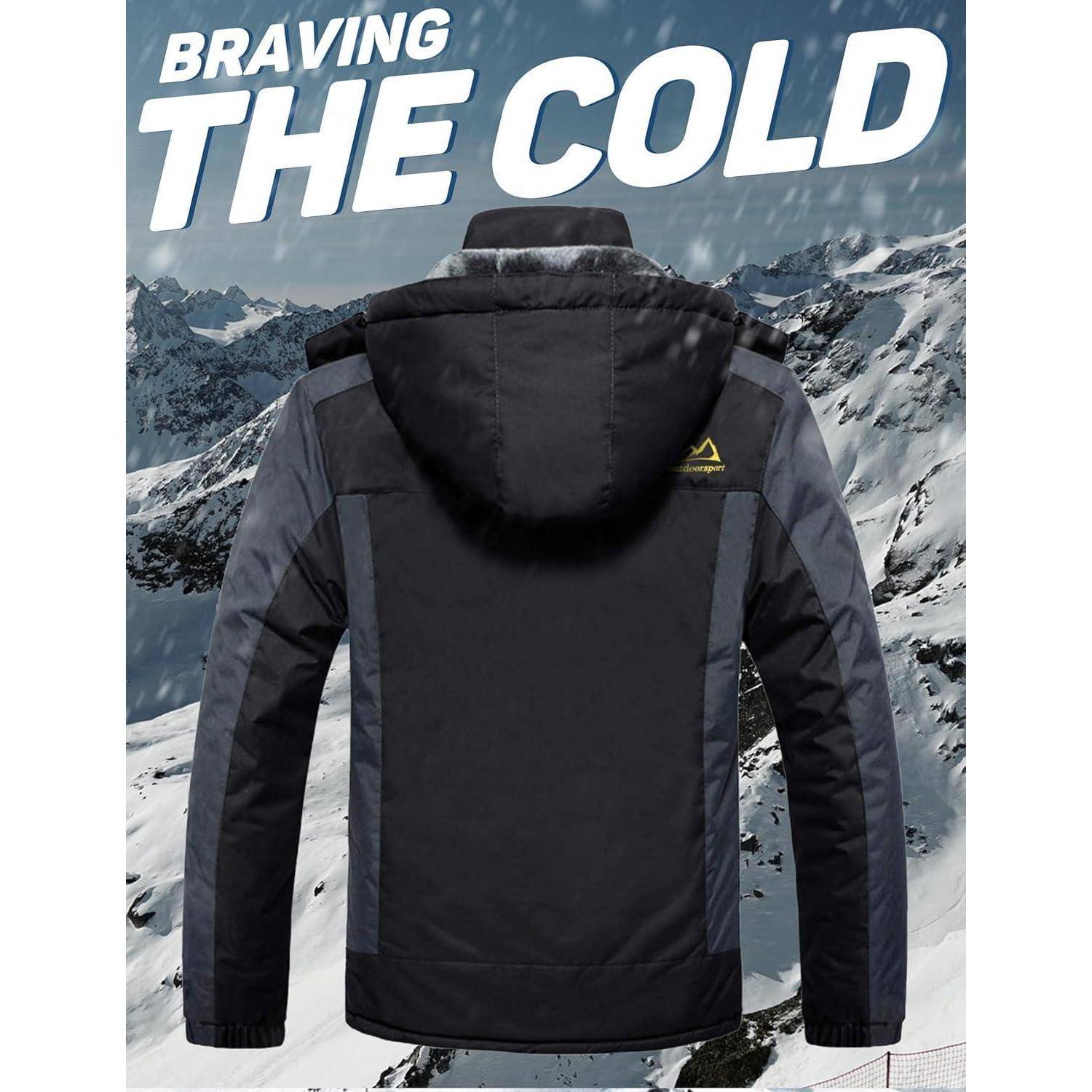 Eine Person in einer schwarzen Winterjacke vor einer verschneiten Bergkulisse. Der Text lautet 'Der Kälte trotzen'.