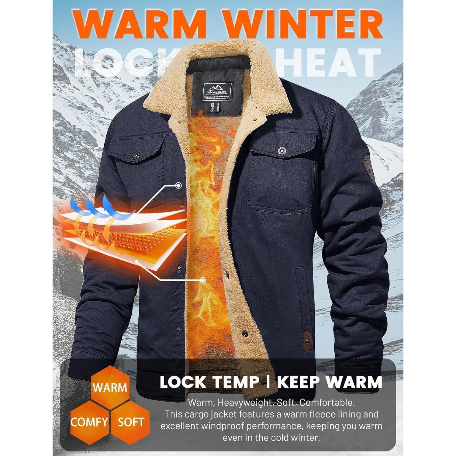 Eine Cargojacke mit warmer Fleecefütterung und winddichtem Design, präsentiert vor einer verschneiten Berglandschaft. Der Text betont Wärme und Komfort.