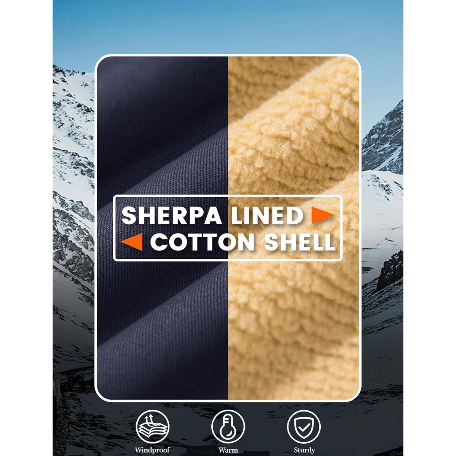 Nahaufnahme eines mit Sherpa gefütterten Baumwollmantels vor einer Kulisse verschneiter Berge; Symbole deuten auf Winddichtigkeit, Wärme und Robustheit hin.