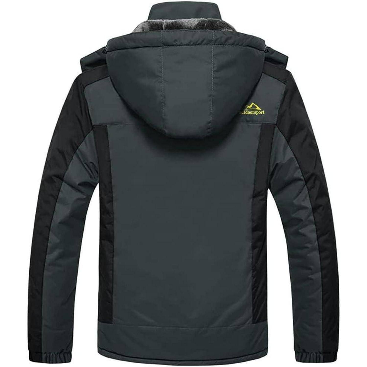 Eine graue und schwarze Winterjacke mit Kapuze und einem kleinen Logo auf dem Rücken, entwickelt für den Einsatz im Freien.