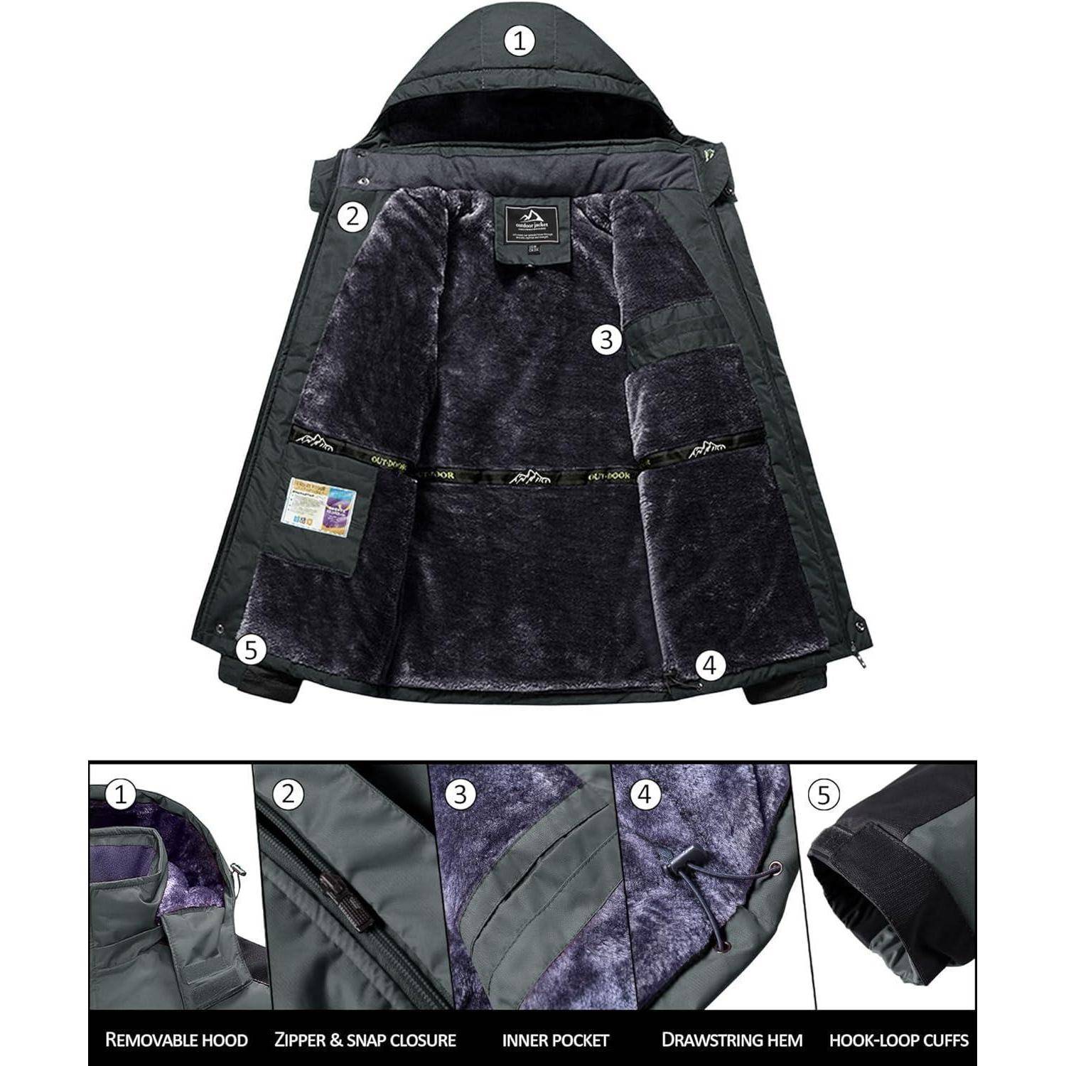 Jacke mit abnehmbarer Kapuze, Reißverschluss und Druckknopfverschluss, Innentasche, Kordelzug am Saum und Klettverschluss-Ärmelbündchen, präsentiert mit beschrifteten Merkmalen.