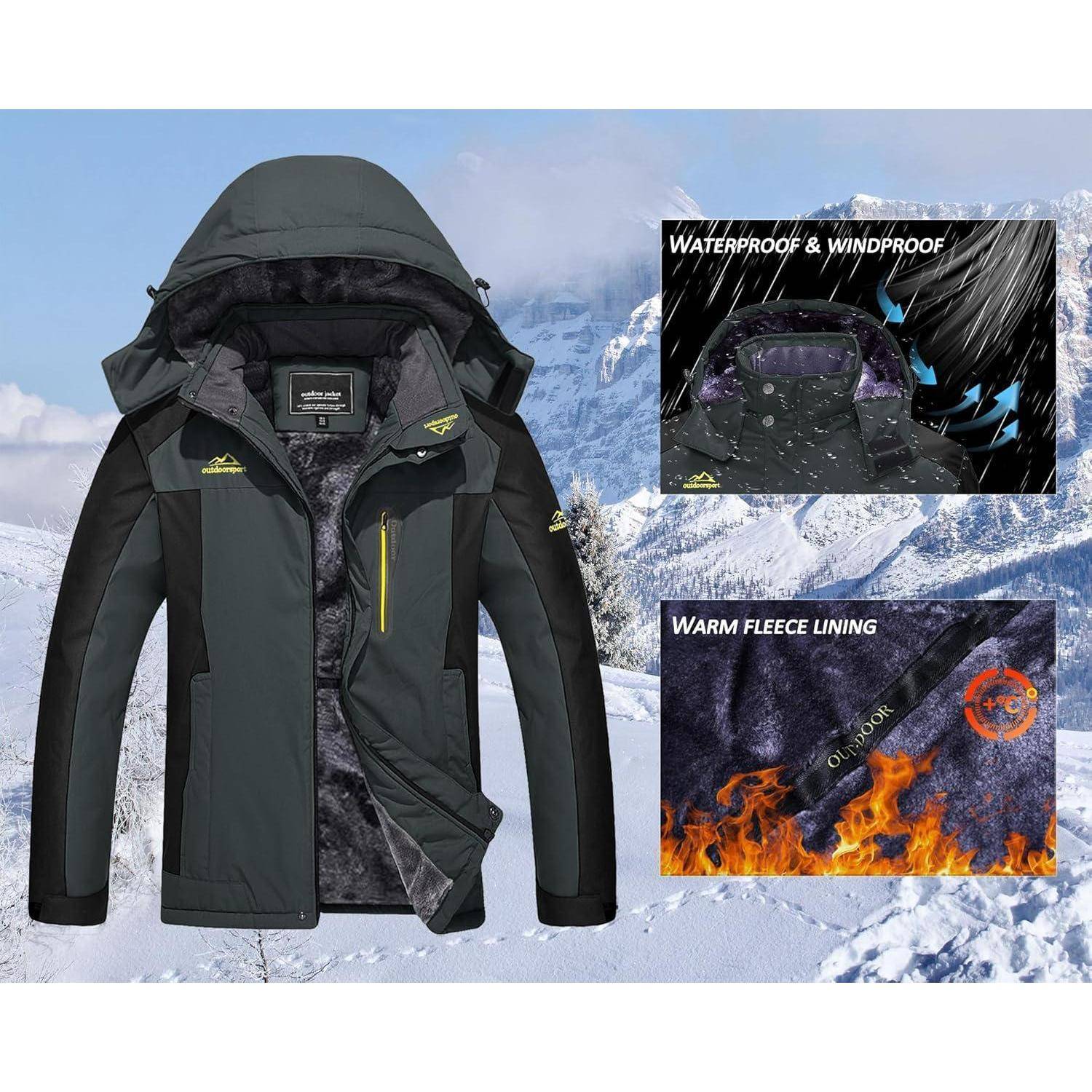 Eine schwarze Winterjacke mit wasserdichten und winddichten Eigenschaften, die mit einem warmen Fleecefutter gezeigt wird. Berge und Schnee im Hintergrund.