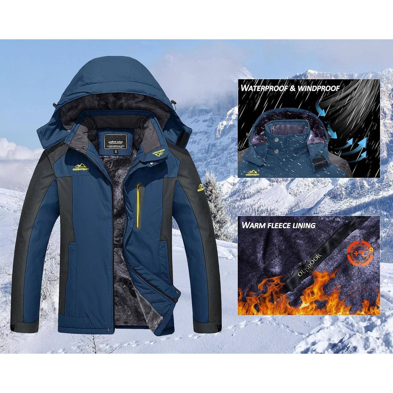 Eine blaue und graue Winterjacke wird präsentiert, mit Hervorhebungen ihrer wasserdichten, winddichten Eigenschaften und warmen Fleecefütterung, vor einer verschneiten Bergkulisse.