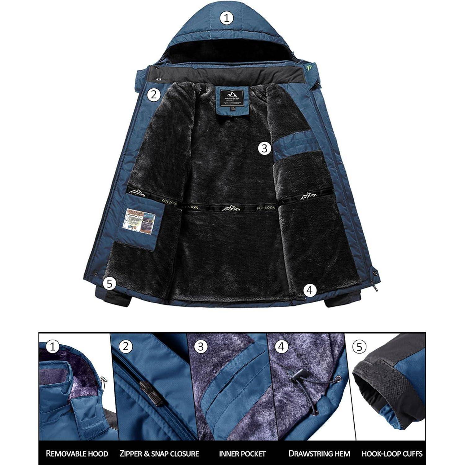 Das Bild zeigt eine blaue Jacke mit abnehmbarer Kapuze, Reißverschluss und Druckknopfverschluss, Innentasche, Kordelzugsaum und Klettverschluss-Ärmelbündchen.