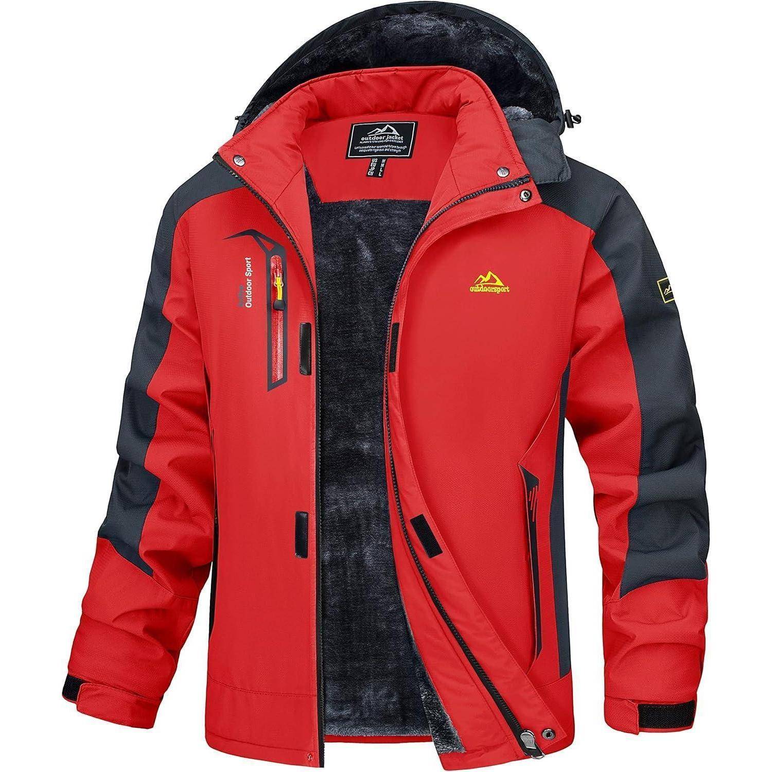 Eine rote und schwarze Outdoor-Jacke mit Fleecefutter und mehreren Taschen, konzipiert für Aktivitäten bei kalten Wetterbedingungen.
