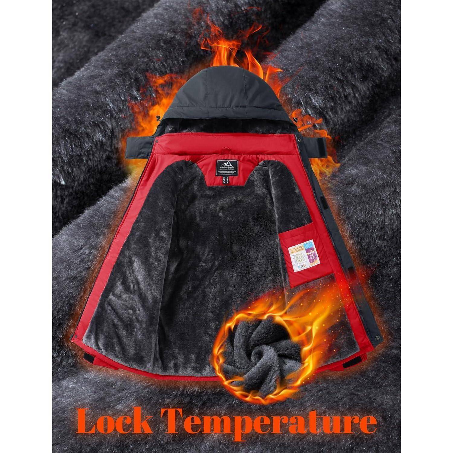 Eine warme Jacke mit einem flauschigen Innenfutter wird vor einem Hintergrund mit Feuertextur präsentiert, die ihr 'Lock Temperature'-Merkmal zur Wärmespeicherung hervorhebt.
