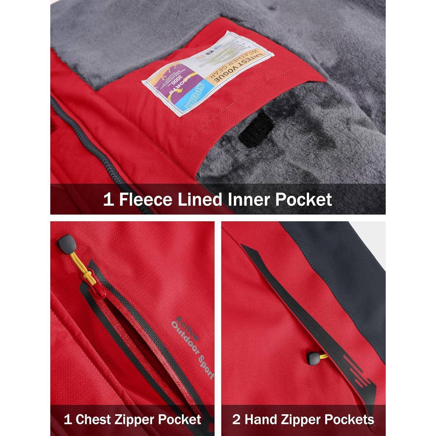 Jacke für Outdoor-Sport mit Fleecefutter mit folgenden Merkmalen: 1 Innentasche mit Fleecefutter, 1 Brusttasche mit Reißverschluss und 2 Handtaschen mit Reißverschluss.