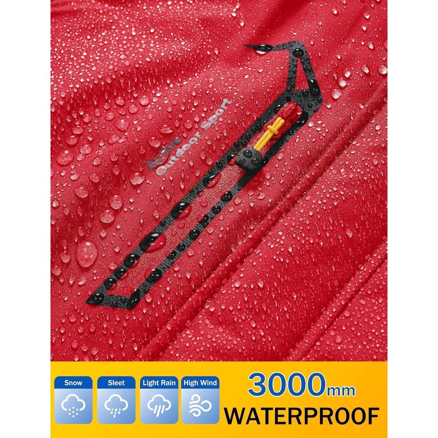 Rotes wasserdichtes Gewebe mit Wassertropfen, beschriftet mit '3000mm WASSERDICHT'. Symbole zeigen Schutz gegen Schnee, Graupel, leichten Regen und starken Wind.