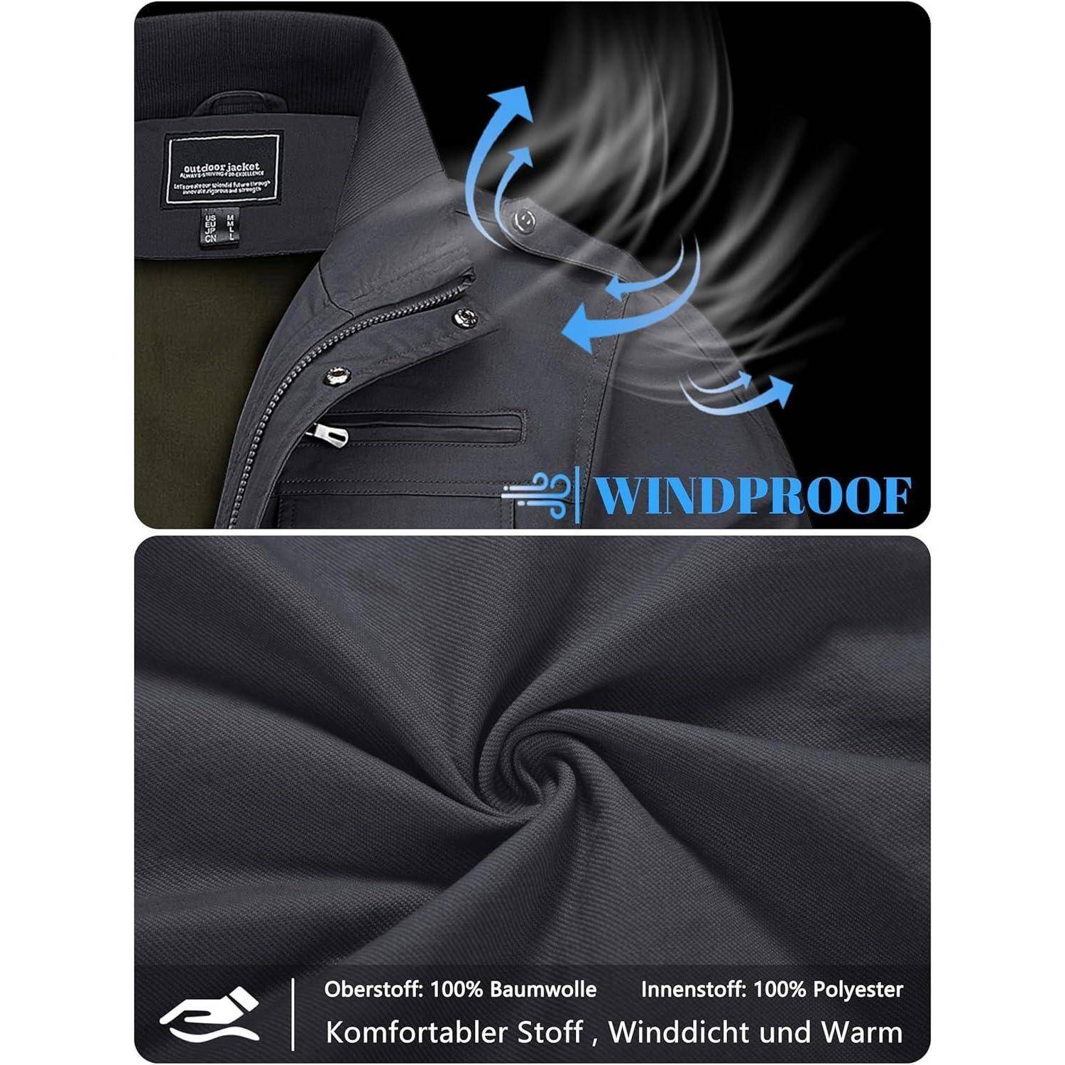 Winddichte Jacke mit Fokus auf der Kragenkonstruktion. Unteres Bild zeigt Stoffdetail, gekennzeichnet als komfortabel, winddicht und warm.