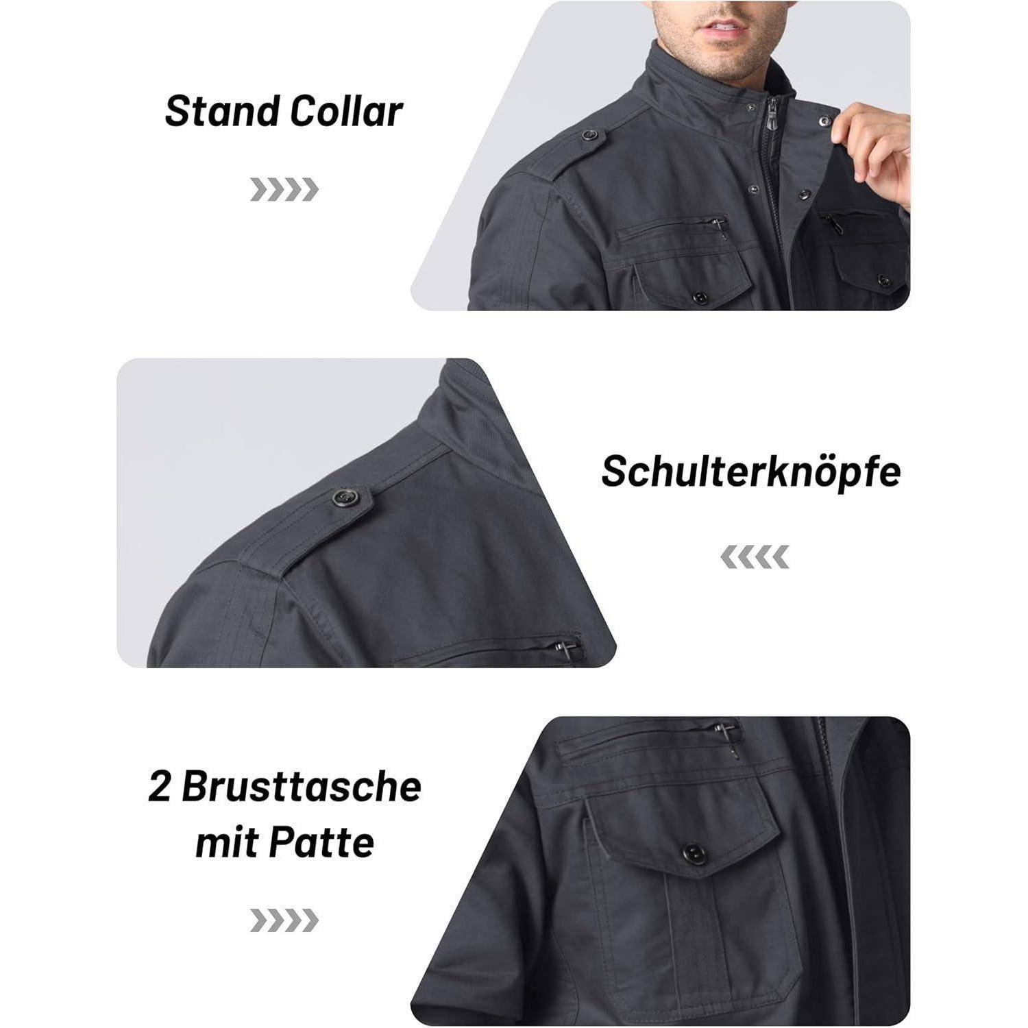 Close-up-Details einer Jacke mit Stehkragen, Schulterkopfknopf und zwei Brusttaschen mit Klappe, beschriftet auf Englisch und Deutsch.