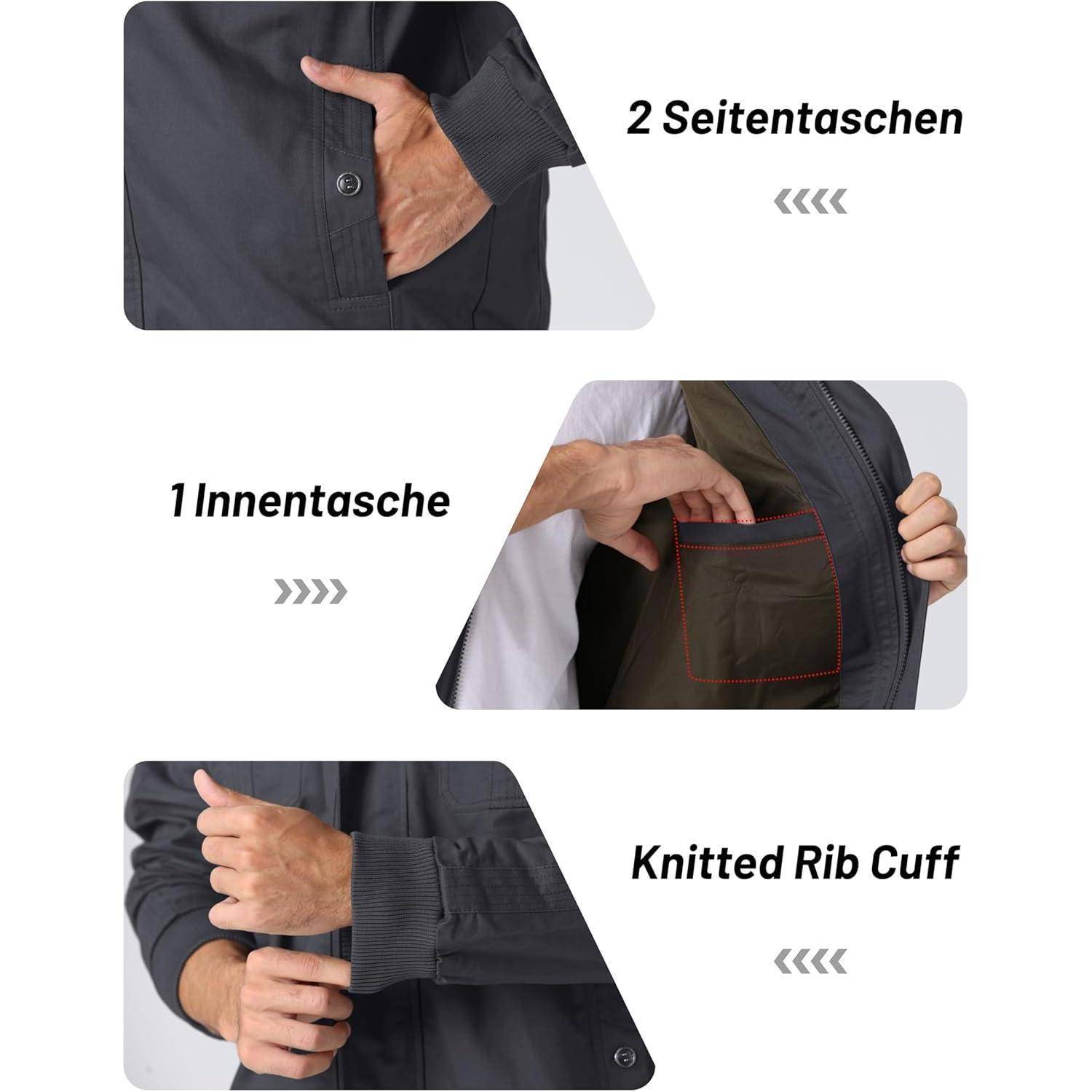 Jackenmerkmale: 2 Seitentaschen, 1 Innentasche, gerippte Bündchen. Bilder zeigen das Greifen in die Taschen und Details der Manschetten.