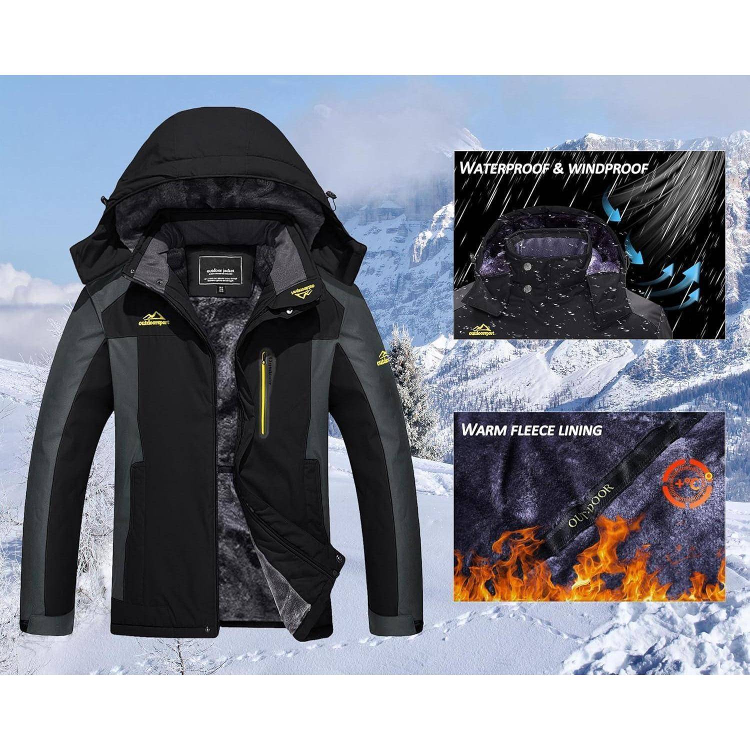 Eine wasserdichte und winddichte Jacke mit warmer Fleece-Fütterung wird vor einer verschneiten Bergkulisse präsentiert, wobei ihre Eigenschaften hervorgehoben werden.