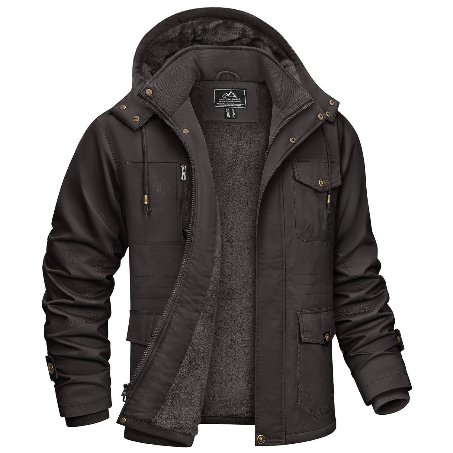 Eine schwarze Winterjacke mit Kapuze und grauer Fütterung. Sie hat mehrere Taschen und einen Reißverschluss, geeignet für kalte Wetterbedingungen.