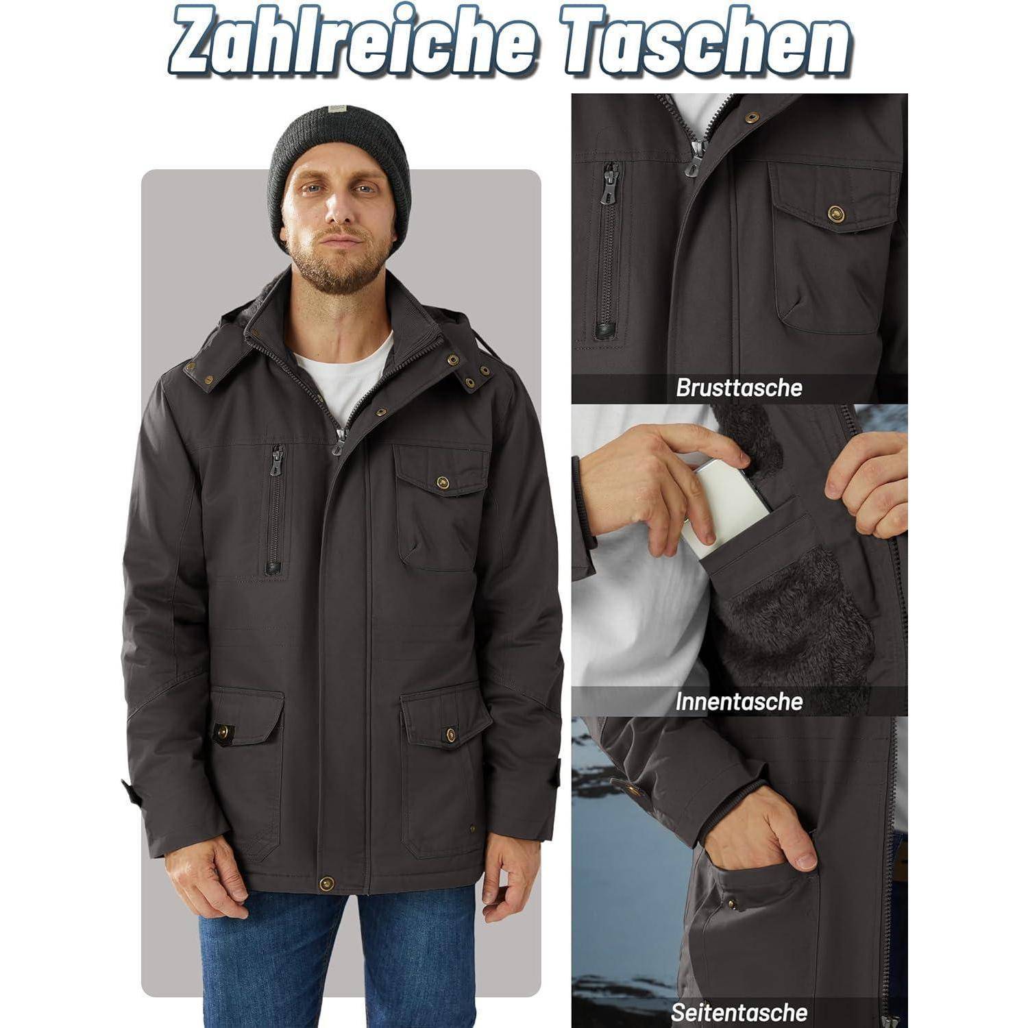 Ein Mann trägt eine schwarze Jacke mit mehreren Taschen. Beschriftungen heben die 'Brusttasche', 'Innentasche' und 'Seitentasche' hervor.