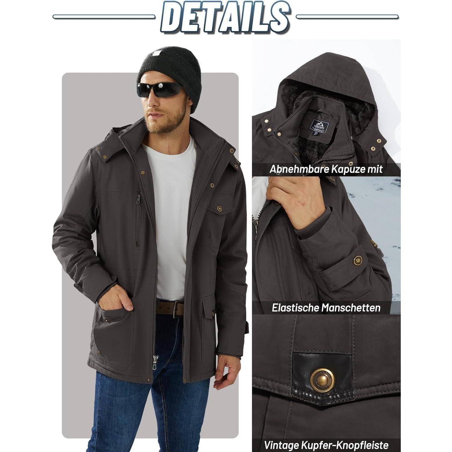 Mann trägt eine dunkle Jacke mit abnehmbarer Kapuze, elastischen Bündchen und vintage Kupferknöpfen. Er trägt außerdem Sonnenbrille und eine Beanie.