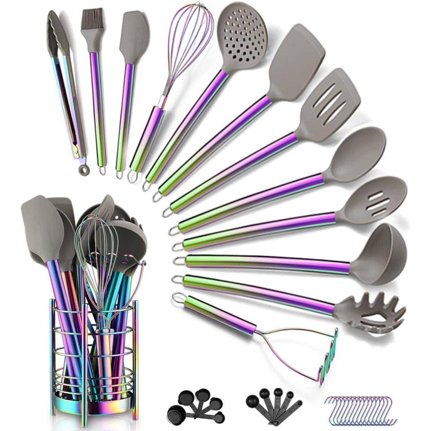 Kochgeschirr Silikon 38teilig Set 4. Regenbogen + Utensilienkrüge