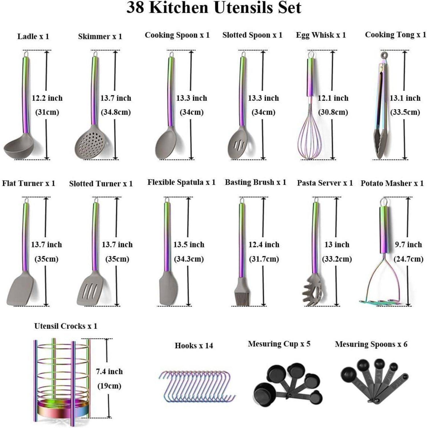 Kochgeschirr Silikon 38teilig Set 4. Regenbogen + Utensilienkrüge